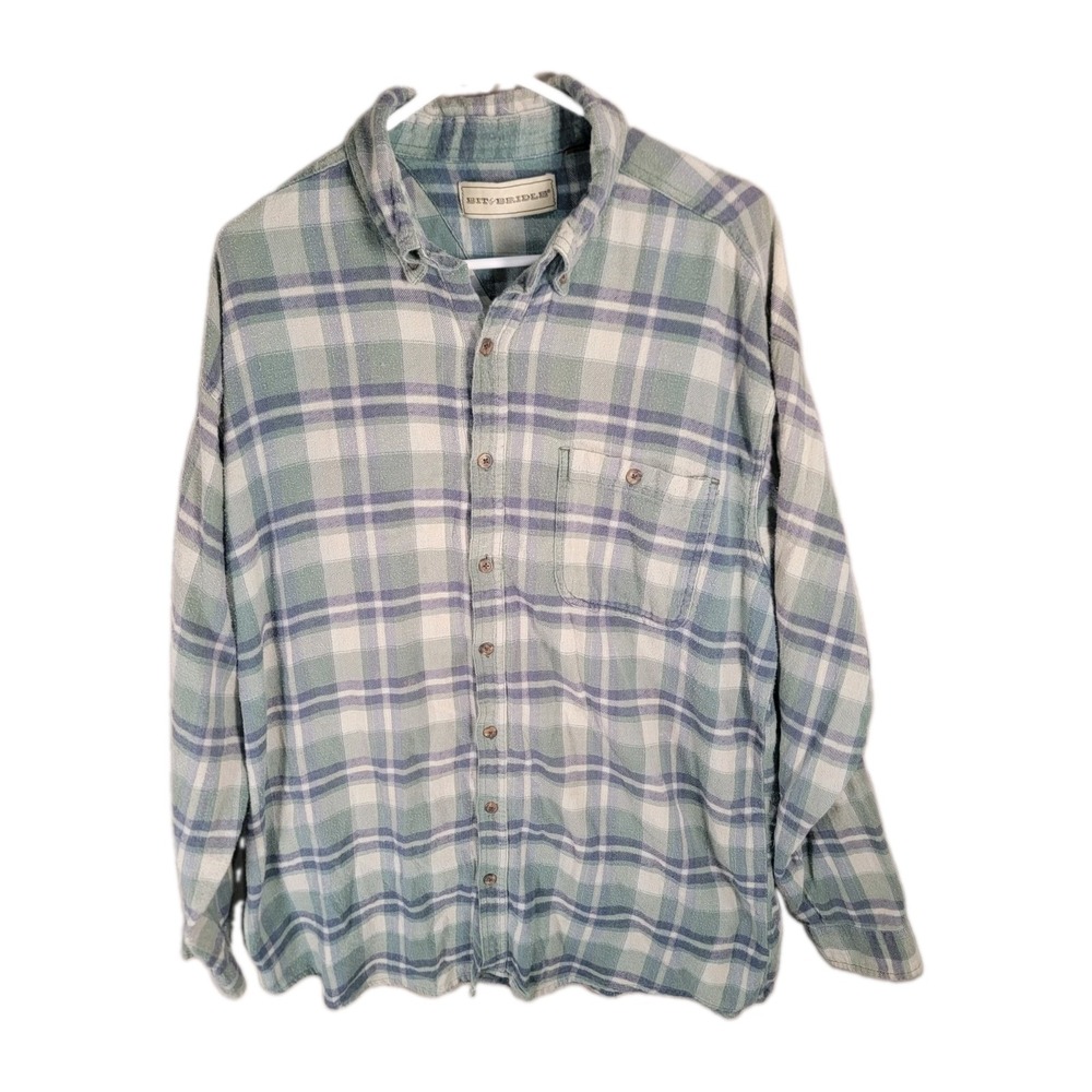 Bit & Bridle Mens 2XT Flannel Shirt Sage Green Blue Plaid Cotton Grunge Tall